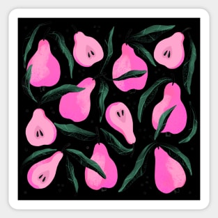 Pretty pink pear pattern with leaves on black background. Sticker